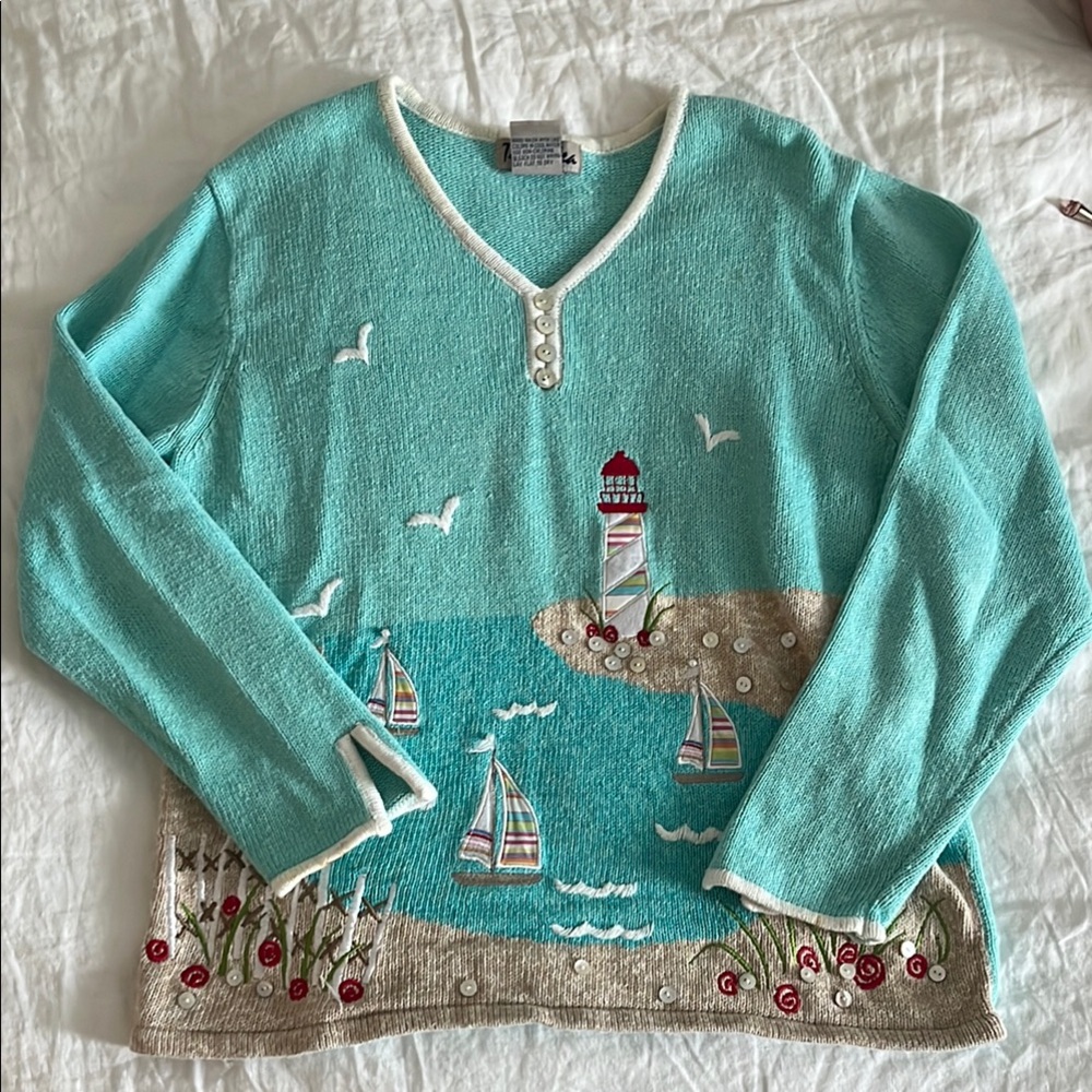 Women's Aqua Sweater with Nautical Design